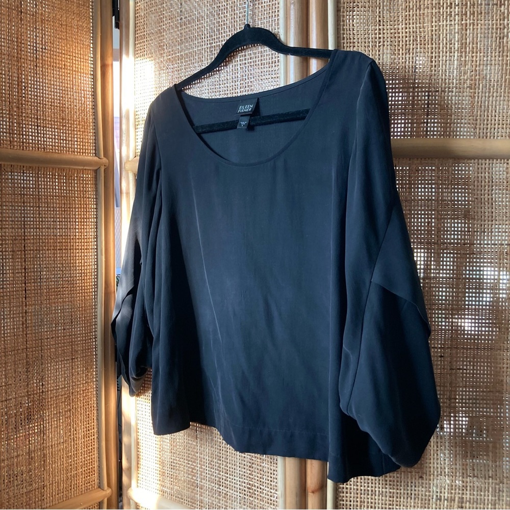 100% silk boat neck, tulip sleeve blouse, black, size S